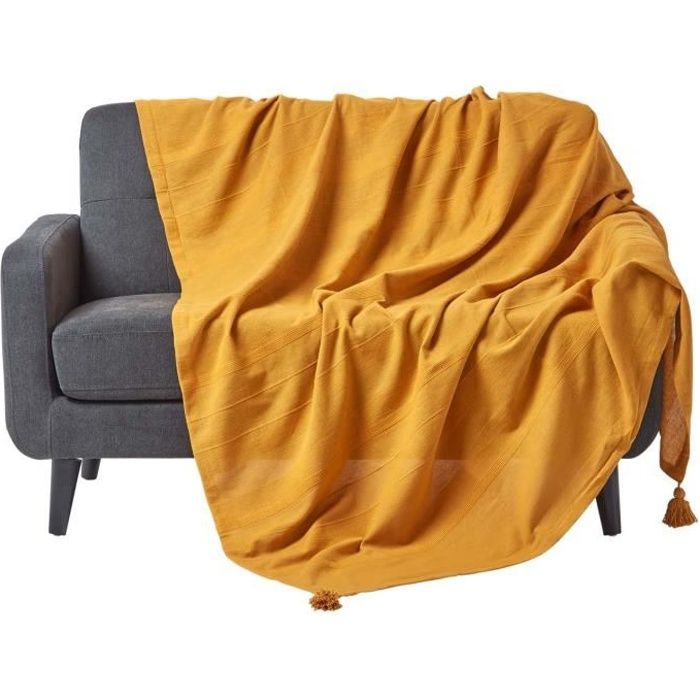 Jeté de lit ou de canapé - HOMESCAPES - Rajput - Jaune moutarde - 225 x 255 cm - 100% coton Jeté de lit ou de canapé - HOMESCAPES - Rajput - Jaune moutarde - 225 x 255 cm - 100% coton