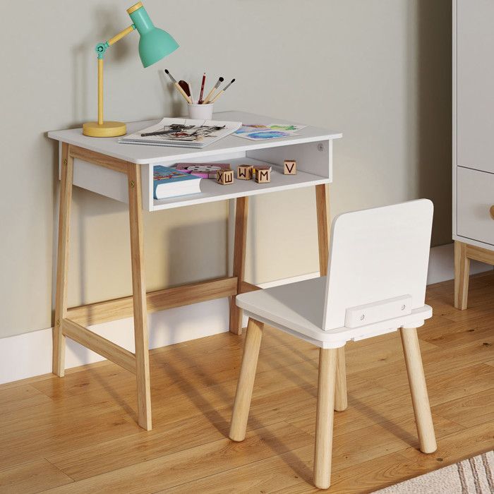 IDMARKET Ensemble bureau enfant ANATOLE avec niche et 1 chaise blanc et bois