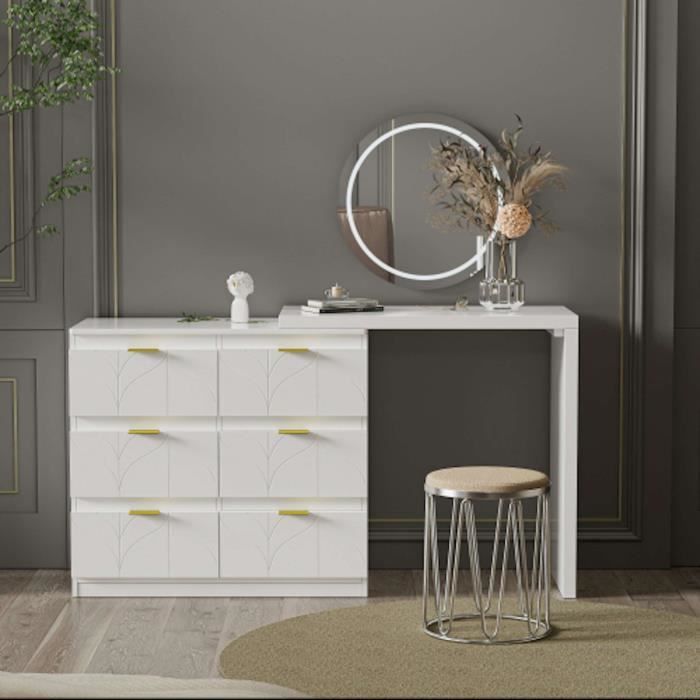 coiffeuse meubles avec 6 tiroirs et table d'appoint plateau pivotant à 180° (sans miroir ni tabouret)-blanc
