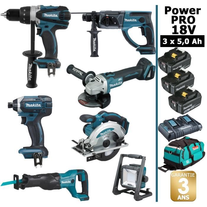 Pack MAKITA Power PRO 7 outils 18V : DDF458 + DHR202 + DTD152 + DGA504 + DSS610 + DJR186 + DEADML805 + 3 batt 5Ah + sac