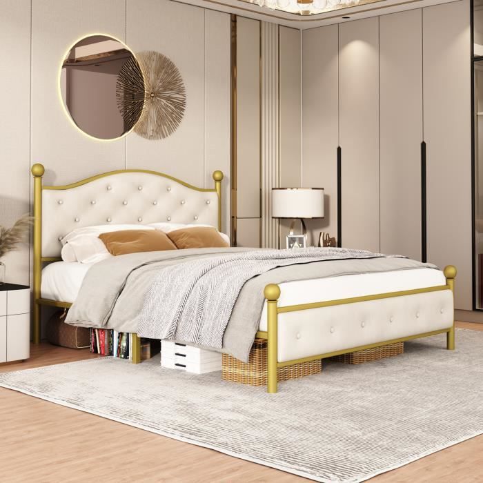 misnode lit moderne en métal, cadres de lit avec sommier à lattes, lit double, cadre de lit avec tête de lit, 140x200 cm, doré
