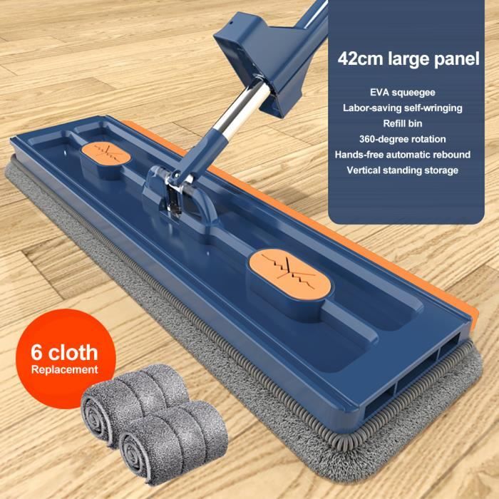 Large Flat Mop Serpillere avec Fonction Essorage Balai Plat Microfibre 360 Rotation Balai Serpillere Absorbant avec 6 Tampons Bleu