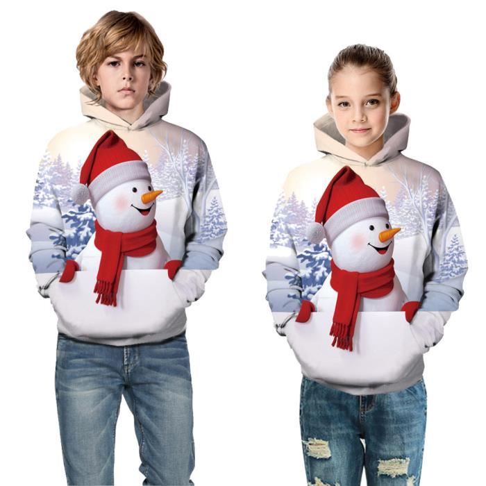 Sweat à Capuche Garçon Noël - Impression 3D Père Noël, Poches, Tissu Doux, Pour L'hiver Et Les Fêtes