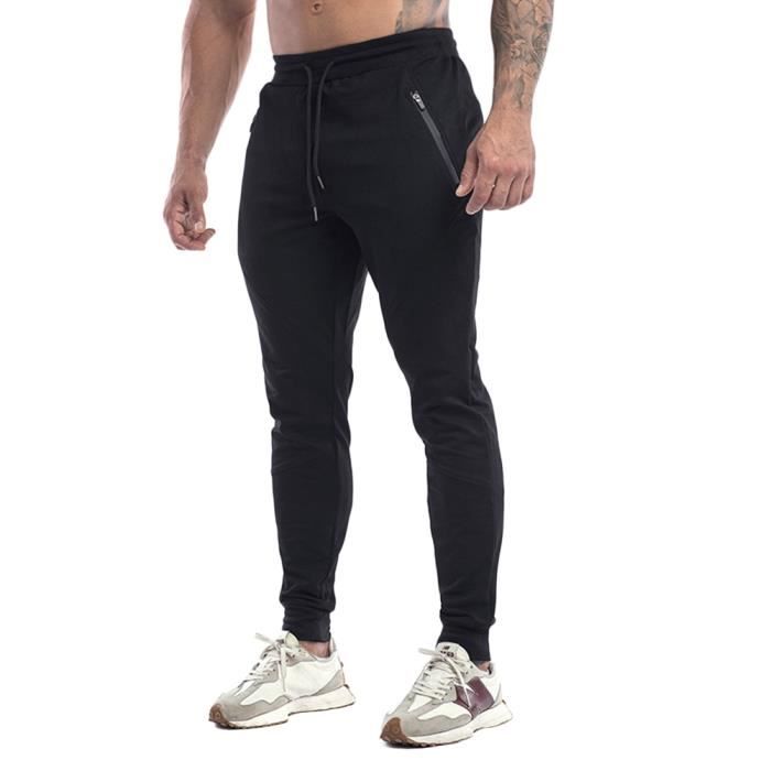 Pantalon Jogging Homme Slim Fit - Marque - Noir - Fitness - Respirant -  Poches Zippées