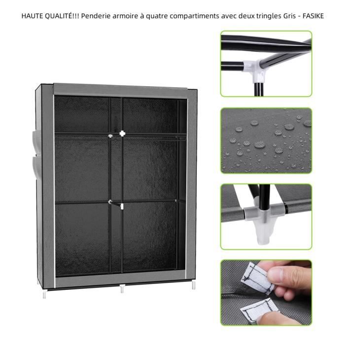 Penderie armoire à quatre compartiments avec deux tringles Gris - FASIKE