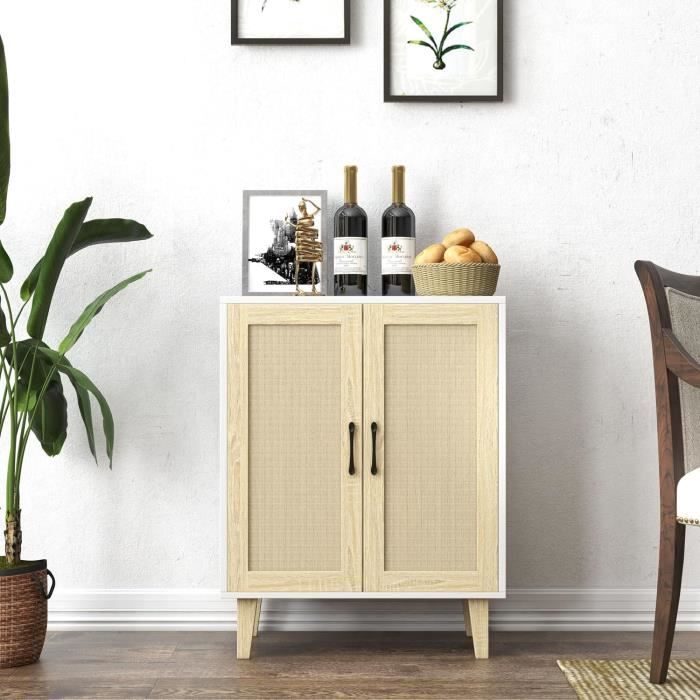 Meuble De Rangement En Rotin Et MDF, Buffets Haut Aspect Avec 4 Portes