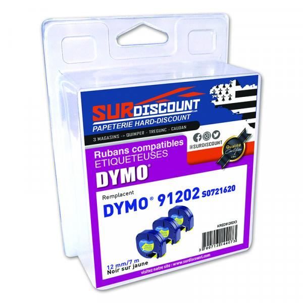 Lot de 3 rubans compatibles pour titreuse Dymo 91202 12mm/4m plastique noir sur jaune