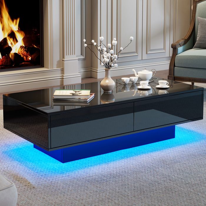 Table Basse En.casa Noire - 95x55x31cm - Avec Tiroir Et Rangement - Mélaminé Brillant