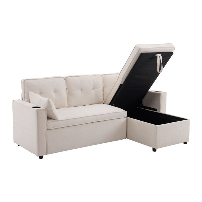 Canapé D'angle Convertible 3 Places En L Avec Repose-pieds - Velours Côtelé, Chargeur USB, Rangements - Beige - 5