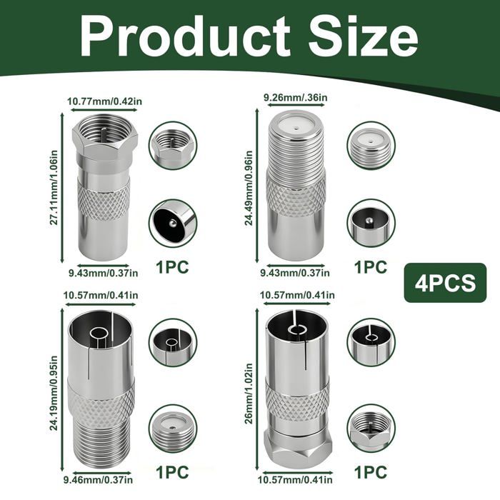 Kit De 4 Adaptateurs Antenne TV F - Convertisseurs Mâle/femelle Pour Câble Coaxial, Satellite Et Modem