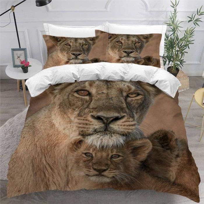 Home Animal Déco - Parure de Lit Double Coton Lion - Housse de Couette  200x220 cm 2 Taies d'oreiller pas cher 