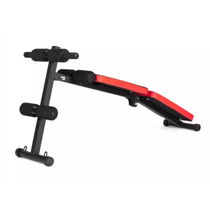 Banc de musculation réglable pour abdominaux, acier, rouge et noir, avec mousse haute densité (166x53x60cm