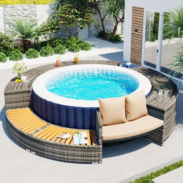 Salon Jardin 4 Places - Canapé + Table Basse + 2 Fauteuils - Rotin