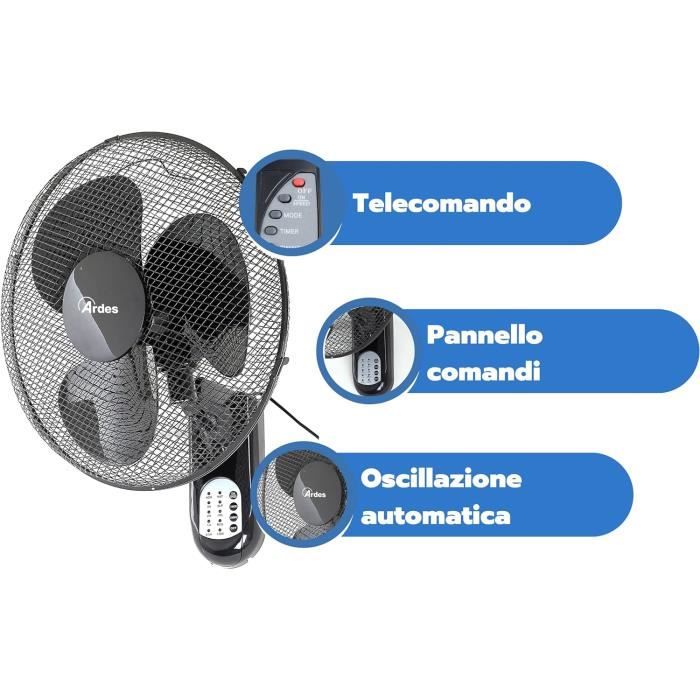 Ventilateur Mural Ardes 40 Cm - 3 Vitesses, Télécommande, Oscillation | Minuterie 7,5h | Design Noir Élégant