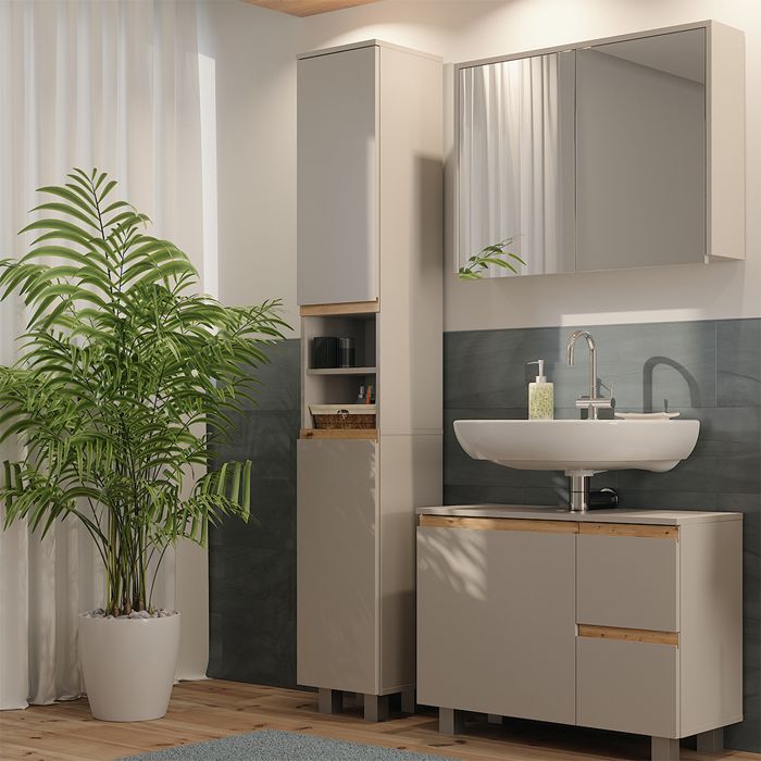 Vicco Meuble de Salle de Bain en Forme de J, Grijs/ Chêne, 30 x 190 cm