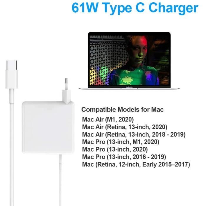Chargeur 61W Compatible avec Mac Book Pro Air, Chargeur USB Type C