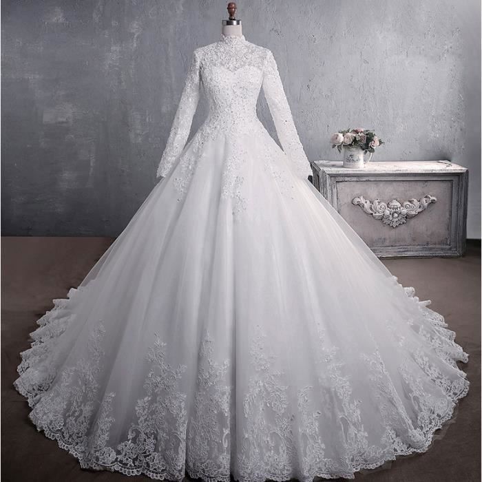 GRMTCOLT Musulmane a Col Haut Avec Train Princesse Luxe Broderie Dentelle Robe De Mariee Pure blanc Cdiscount Pret a Porter