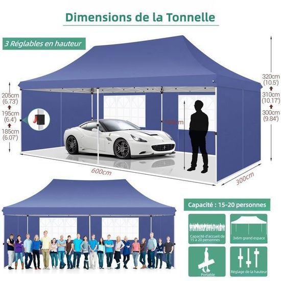 Tonnelle Pliante 3x6 M — étanche, Résistante Aux UV, Pop-up, Avec Sac De Transport