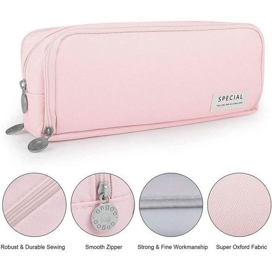 Trousse à Crayons Grande Capacité - 3 Compartiments, Tissu Oxford, Rose | Pour École, Étudiantes, Rangement Organisé