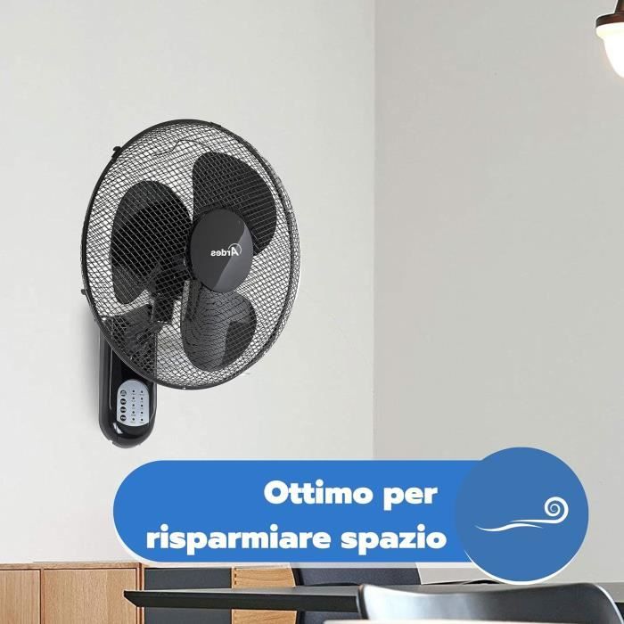 Ventilateur Mural Ardes à 3 Pales Rotatives - Télécommande Incluse, Couleur Noir, Neuf
