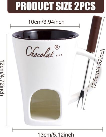 Lot De 2 Tasses Fondue Chocolat 200 Ml – Céramique Résistante + 4 Fourchettes – Idéal Saint-Valentin, Anniversaire