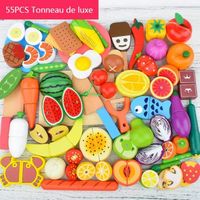 Jouets de fruits coupés Fruits et légumes en bois Jouets de cuisine pour maison de jeu pour enfants coupés heureux (55PCS)