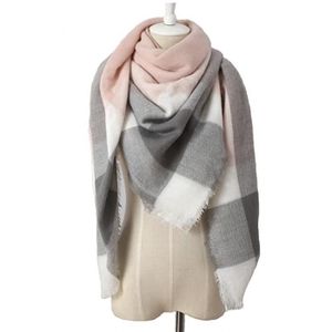 Écharpe Triangle Carreaux Femme Rose Pâle Gris Blanc - Châle Doux Acrylique Pour Automne Et Hiver