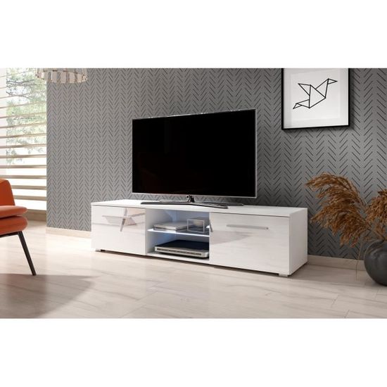 3xeLivingMeuble TV moderniste Punes blanc / blanc brillant 140 cm LED