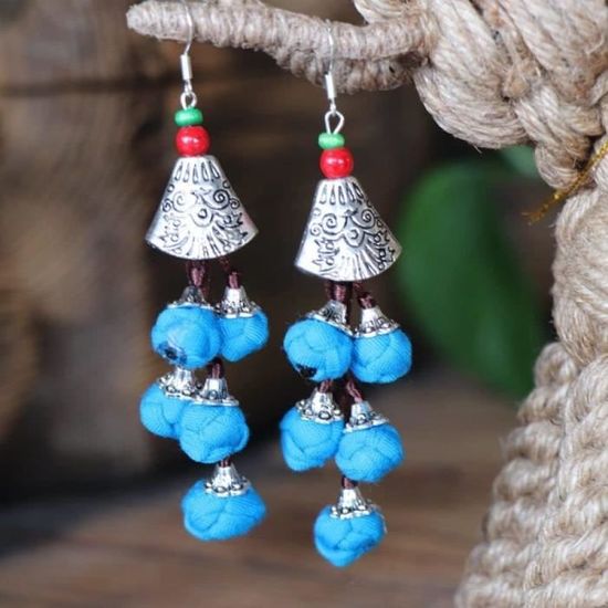 Boucles D'oreilles Créoles Turquoise Et Argent, Boucles D'oreilles Turquoise Bohème, Boucles D'oreilles Perles Hippie, Boucles D'oreilles Turquoise Argent