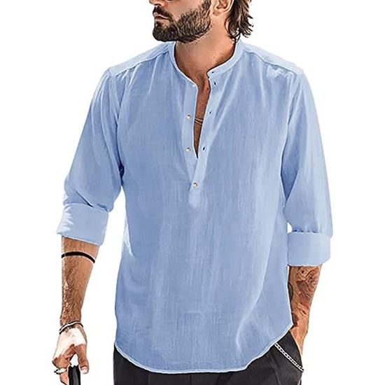 Chemise Lin Homme Manches Longues Été Style Mao - Décontractée Et Confortable Pour Plage Et Quotidien