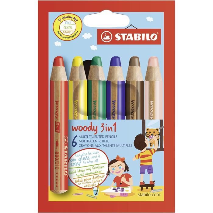 Loisirs Créatifs Crayon de coloriage - STABILO woody 3in1 - Étui carton de 6 crayons de couleur 19
