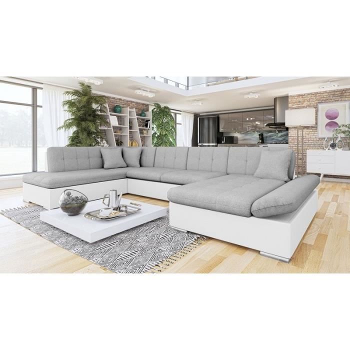 Canapé panoramique convertible en U GENIRO angle gauche gris et blanc