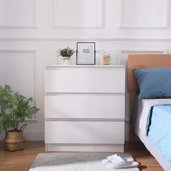 Commode de Chambre avec 3 Tiroirs Moderne - Table de Chevet - Blanc , Bois, 70 x 40 x 77cm - MONDEER