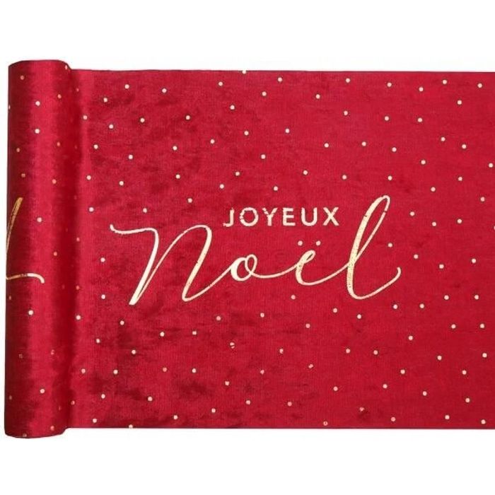 Chemin de table Joyeux Noël rouge et or en velours 28cm x 3m (x1) REF/7129