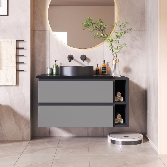 meuble sous lavabo pour vasque avec 2 tiroirs de rangement en mdf anti-humidité, avec vasque en céramique, 81 x 44 x 48 cm