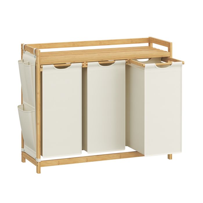Panier à Linge avec 3 Compartiments en Bambou Capacité de 150 Litres avec Étagère 3 x 50 L 94 x 33 x 78 cm Blanc Crème