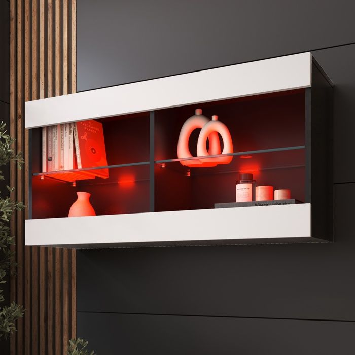 Komodee Vitrine Murale Horizontal Tivoli - Blanc Noir - 100 x 50 x 29 cm - LED RVB