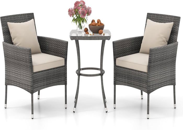 Salon De Jardin 2 Places En Bois Acacia - Table Ronde + 2 Chaises Pliantes Avec Coussins, Couleur Rouge