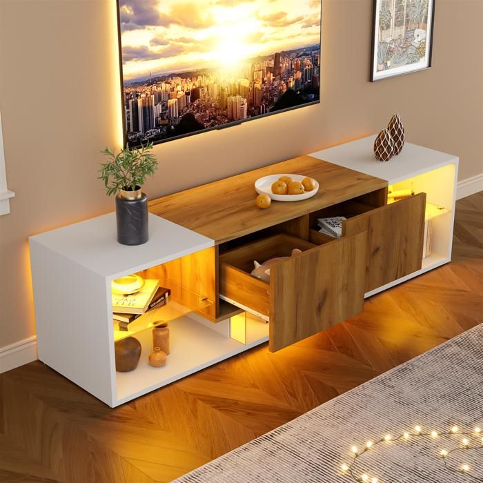 Meuble TV Avec LED RGB 143,5 Cm - Banc TV 3 Tiroirs Blanc Pour Téléviseurs Jusqu'à 65 Pouces