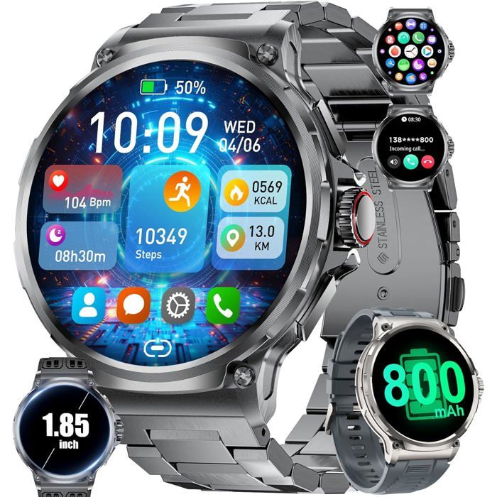 Montre Connectée Homme Avec 3 Bracelets/1 85 Hd Grand Écran/800Mah Smartwatch Pour Android Ios Montre Intelligente Avec 123 Mode