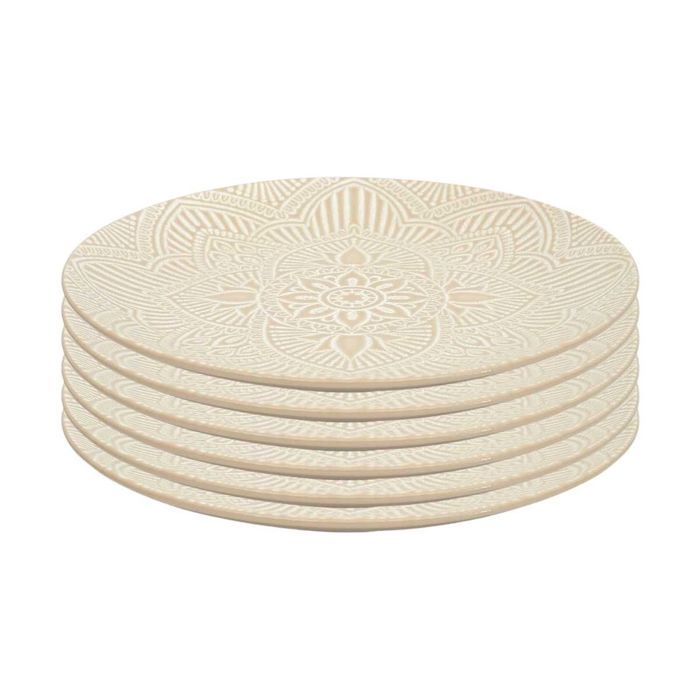 Set de 6 assiettes plates en céramique beige motif mandala (Ø27 cm) - AKKA