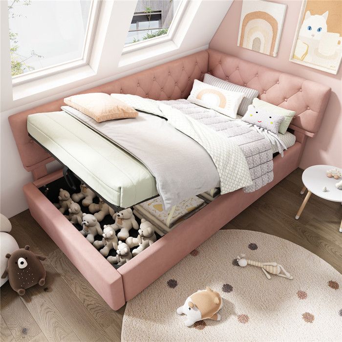 Lit coffre 90x190 rose avec sommier fille lit enfant lit une place avec rangement et à lattes canapé lit pour adolescent velours