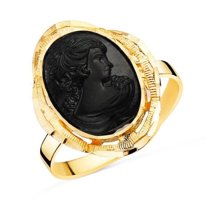 Bague camée en or noir 18 carats avec une tête ovale mesurant 19 x 14 mm et une lunette sculptée.