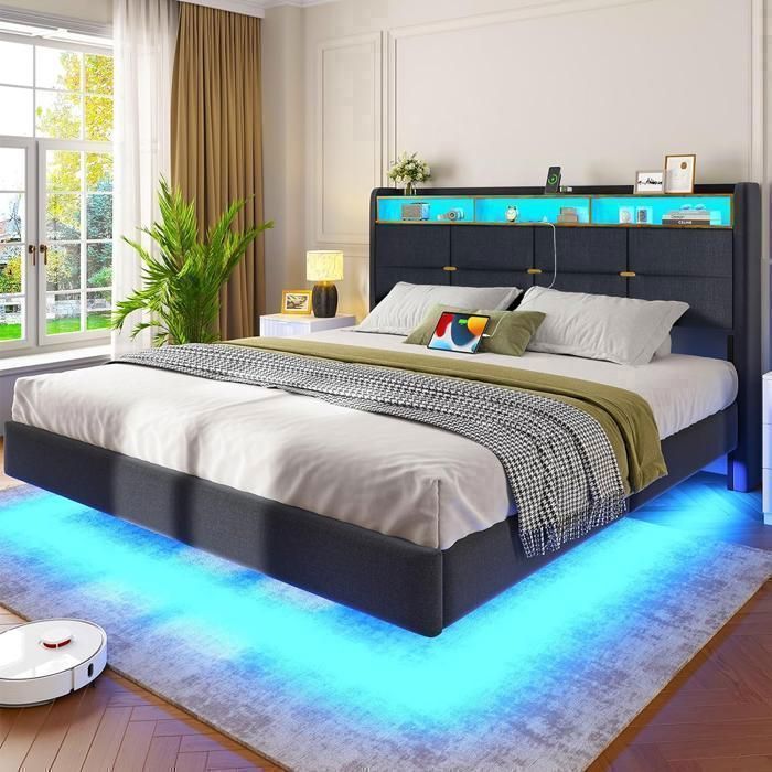 Lit 140x190 cm avec Sommier - Lit Adulte 2 Personnes avec Rangement - Lit Flottant avec LED - Prise Intégrée - Gris