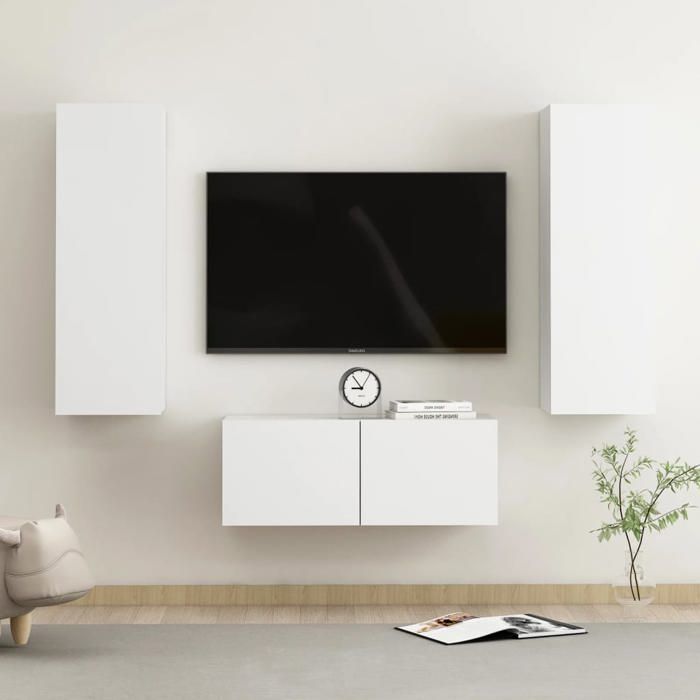 Meuble TV mural - VIDAXL - Blanc - Bois dingénierie - 80x30x30 cm - 305x30x90 cm - Grand espace de rangement