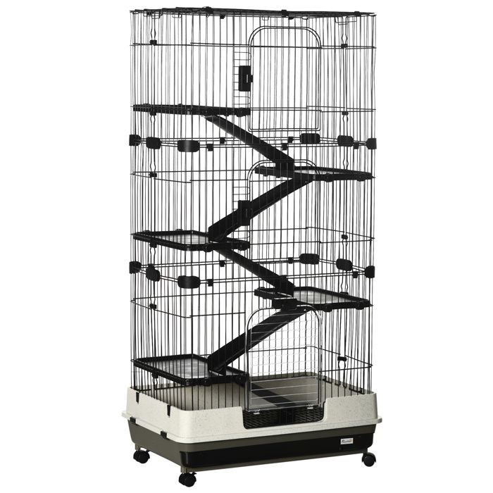 Meilleurs prix pour Grande cage enclos lapin - PawHut - 5 niveaux 3 portes 5 rampes plateau amovible et roulettes - 81 x 525 x 159 cm - noir et gris