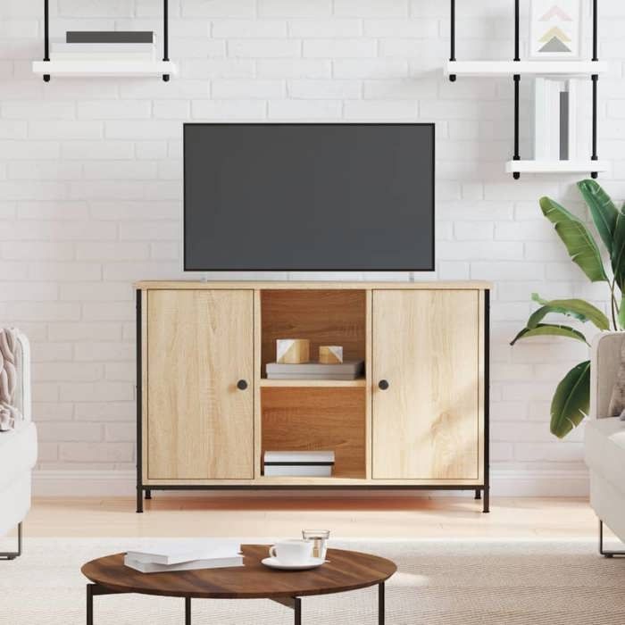 Meuble TV chêne sonoma - vidaXL - 100x35x65 cm - Bois dingénierie - 2 compartiments avec portes - 2 étagères ouvertes