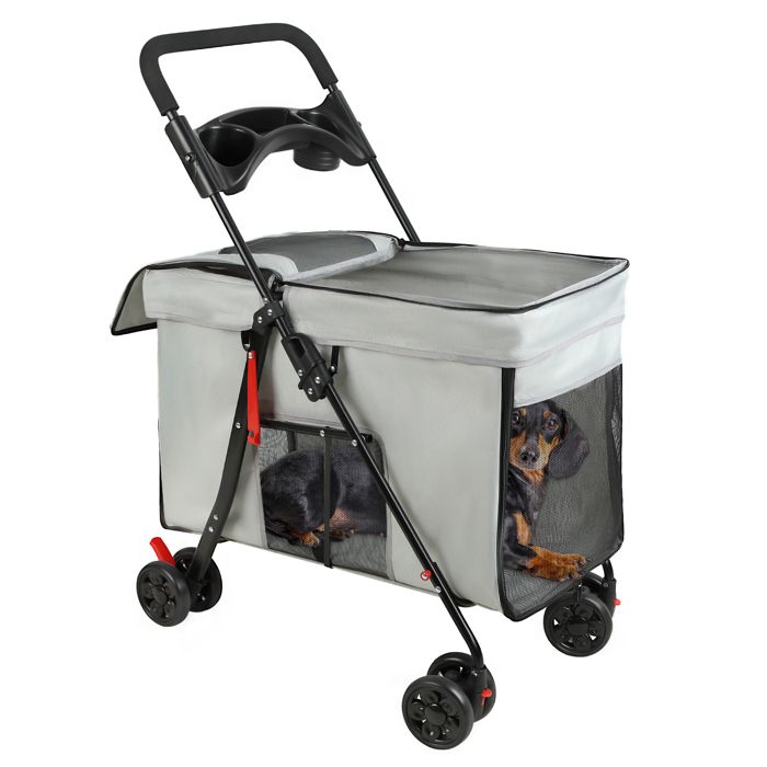 Comparer les prix de Poussette pour Chien et Chat – FIANAO – Charge 25kg Roues 360° Fenêtres Respirantes Plateau Repas Pliable