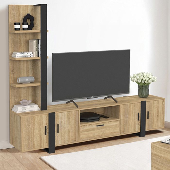 ID MARKET ensemble meuble tv PHOENIX 5 portes 200 cm bois clair avec étagères murales