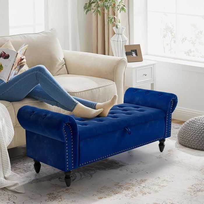 Banc de Rangement 133cm Canapé Pouf avec coffre de rangement accoudoirs Siège Rembourré pour Couloir Chambre à Coucher Bleu
